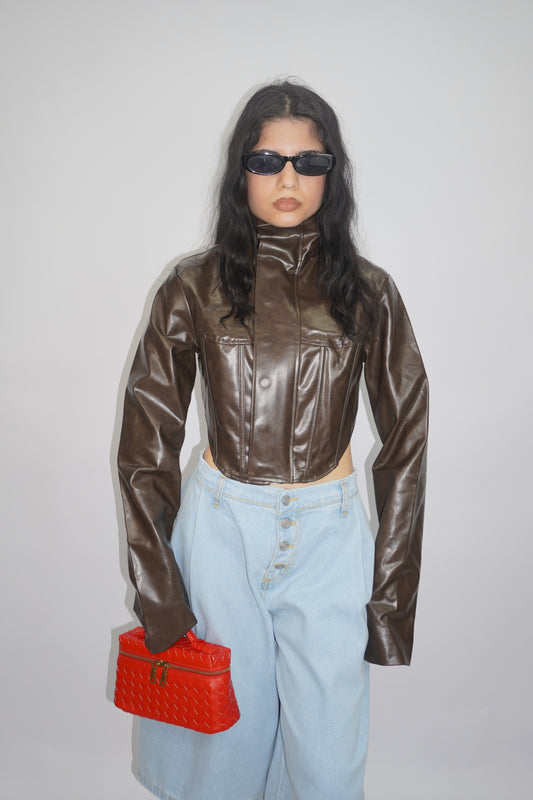 Bomber Crop Brown In Pelle